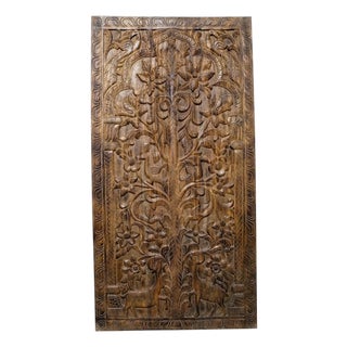 Hand-Carved Tree of Life Barn Door With Deer – Vintage Reclaimed Wood Wellness Wall Art Panel 84x36 For Sale