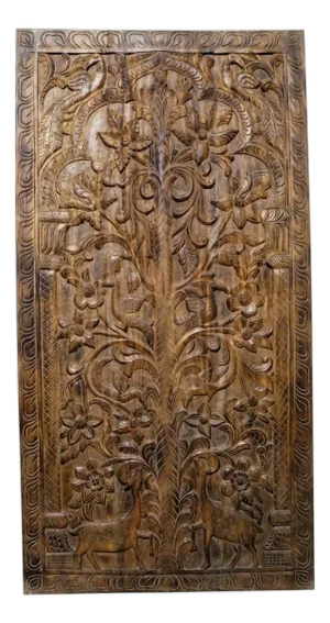 Hand-Carved Tree of Life Barn Door With Deer – Vintage Reclaimed Wood Wellness Wall Art Panel 84x36
