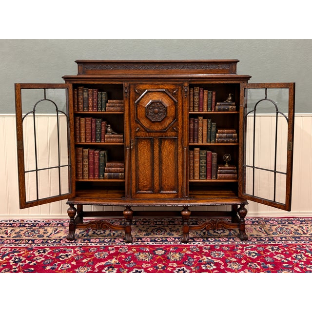 1930s Antique English Jacobean Bookcase Bow Front Cabinet Triple Door Oak C1930s For Sale - Image 5 of 18