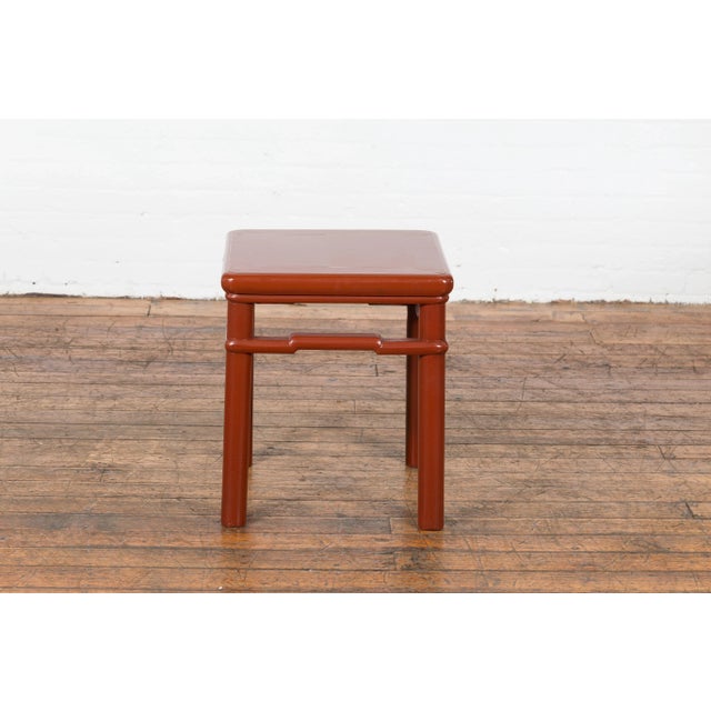 Early 20th Century Chinese 1900s Qing Dynasty Red Lacquer Stool or Table with Humpback Stretchers For Sale - Image 5 of 13