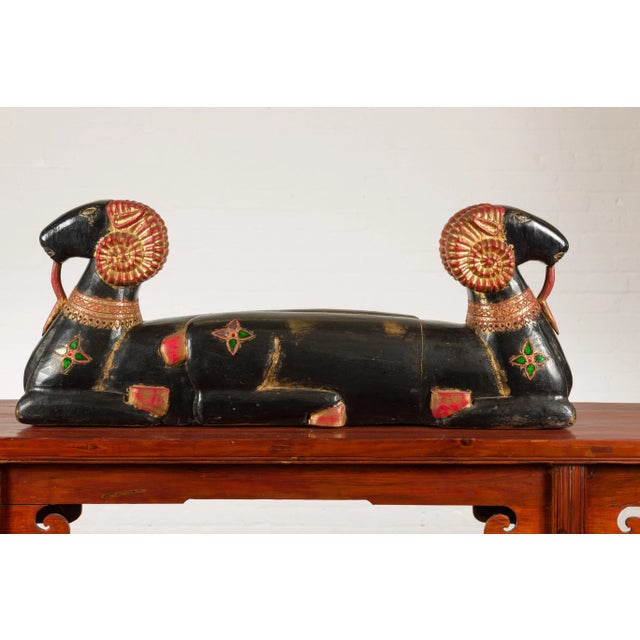 Vintage Northern Thai Double Ram Painted Sculpture with Gilt and Jewelry Motifs For Sale - Image 11 of 13