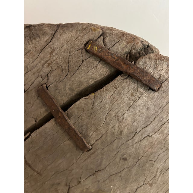 Rustic Antique Cart Wheel Mounted on Stand For Sale - Image 3 of 7