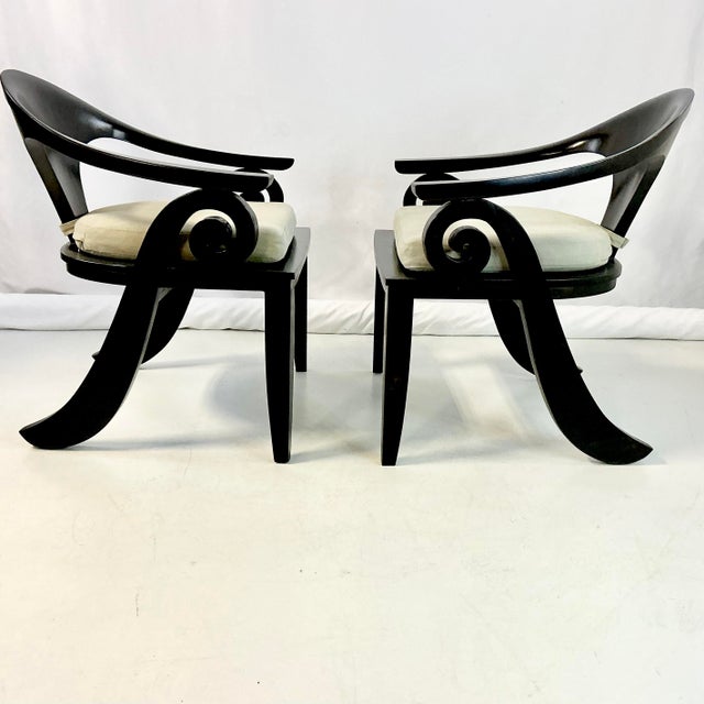 Art Deco 1980s Vintage Chinoiserie Asian Modern Curled Arms Spoon Side Chairs - A Pair, After Stanley Jay Friedman For Sale - Image 3 of 18