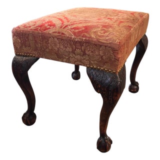 Antique George II Upholstered Bench in the Chippendale Style, Resting on Boldly Carved Ball and Claw Feet and Knee Decoration For Sale