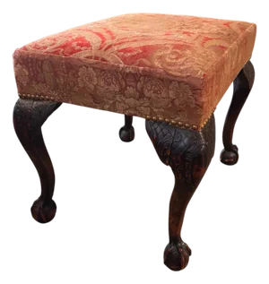 Antique George II Upholstered Bench in the Chippendale Style, Resting on Boldly Carved Ball and Claw Feet and Knee Decoration