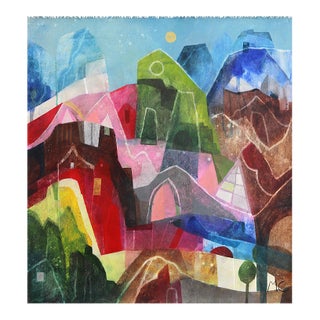 Houses and Sunrise - Original Contemporary Landscape Painting Colorful Acrylic Artwork on Canvas by Maria C Bernhardsson For Sale