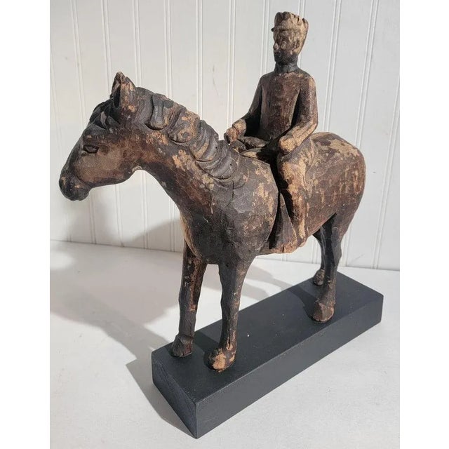 Rustic Colonial Era Hand Carved Wooden Horse and Rider For Sale - Image 3 of 7
