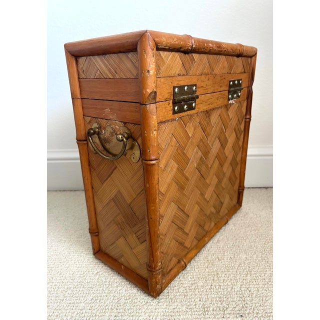 Brown Vintage Woven Rattan Filing Box With Brass Handles For Sale - Image 8 of 12