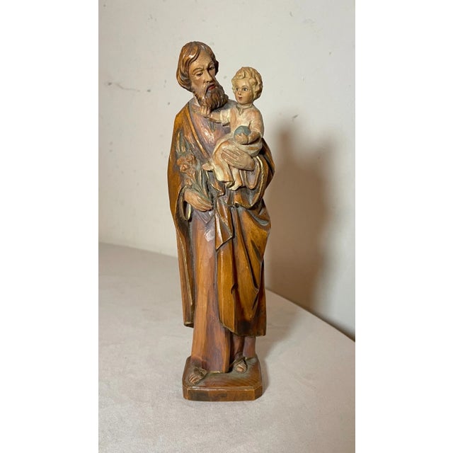 Italian Vintage Hand Carved Painted Italian Wood Joseph Baby Jesus Sculpture Statue For Sale - Image 3 of 12