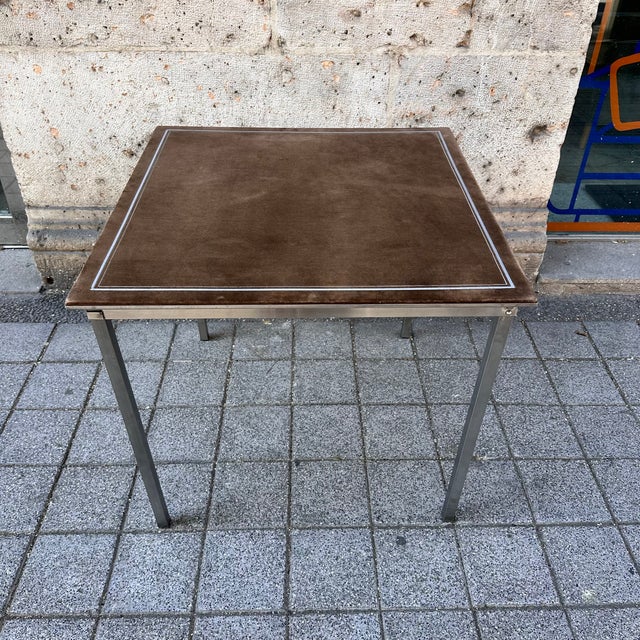 Brown Folding Game Table in Steel and Velvet attributed to Christian Dior, France, 1970s For Sale - Image 8 of 18