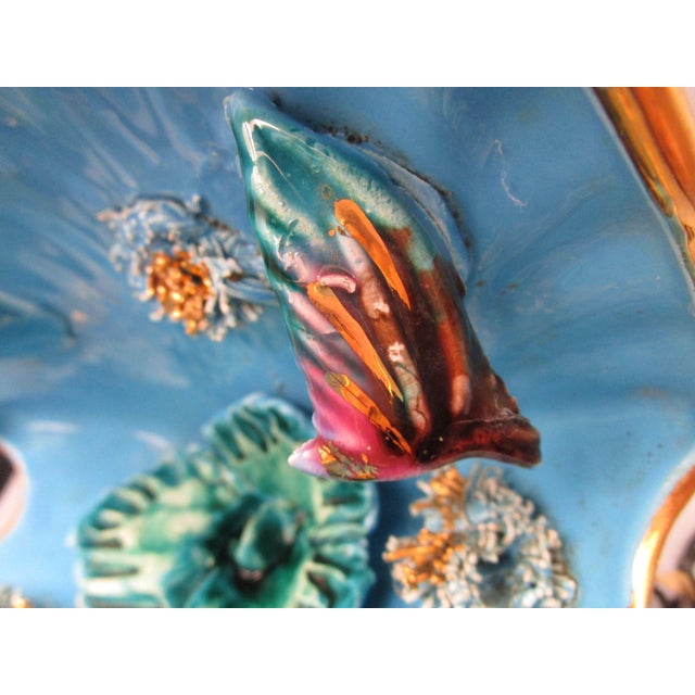 Vintage Vallauris Lion S/Mer Blue Ceramic Clam Shell Lamp Mid Century Tikki Kitch Cord Cut Signed For Sale - Image 13 of 18