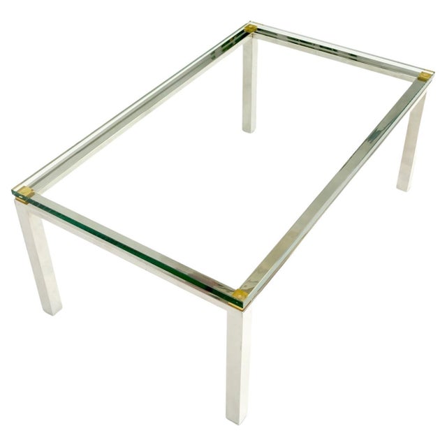 1970s Polished Stainless Steel & Brass Glass Top Rectangle Coffee Table Mid Century For Sale - Image 5 of 12