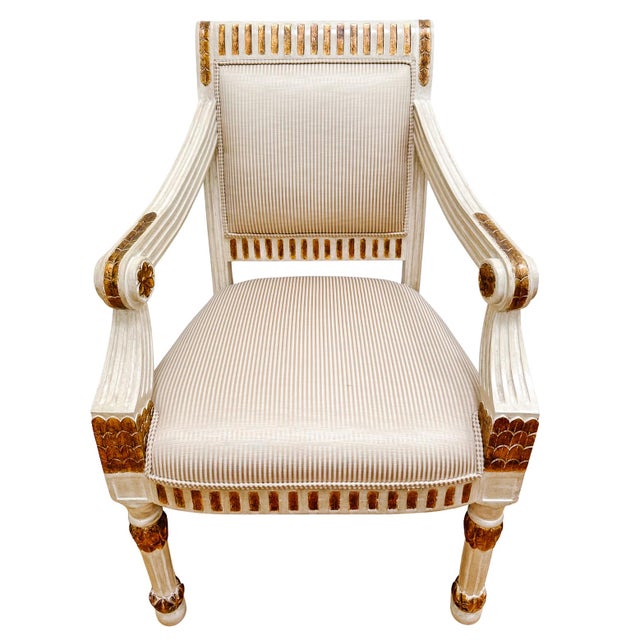 Early 20th Century Vintage Italian Neoclassical Gilt & Painted Armchair Fauteuils With Rosette Carvings - A Pair For Sale In San Diego - Image 6 of 18