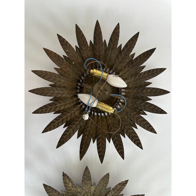 Metal Vintage Spanish Sunburst Metal Wall Lamps, 1950s-1960s, Set of 2 For Sale - Image 7 of 12