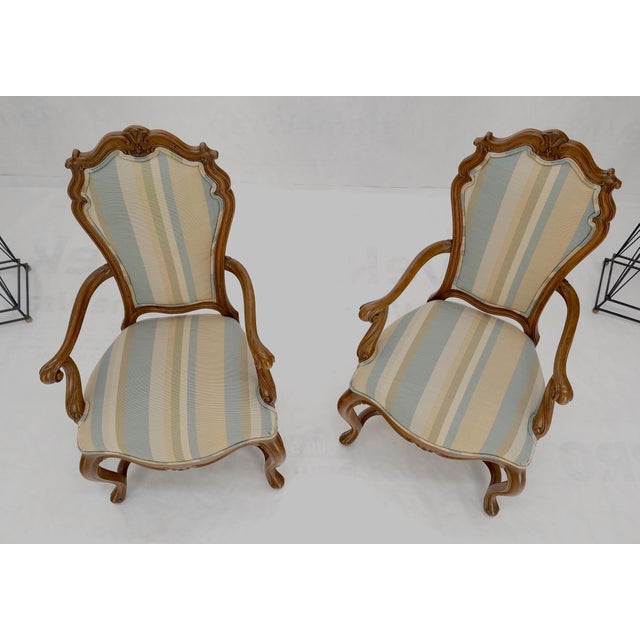 Wood Pair Carved Striped Upholstery Tall Backs Carved Walnut Scallop Design Decorated For Sale - Image 7 of 17