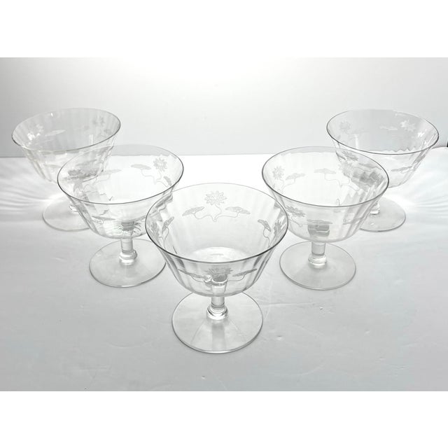 Chinoiserie 1910s Antique Fostoria “Lotus” 5 Etched Optic Footed Dessert Bowls For Sale - Image 3 of 6