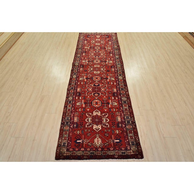 Tribal Karajeh Runner 3’7” X 10’3” Red Wool Vintage Tribal Hand-Knotted Oriental Rug For Sale - Image 3 of 14