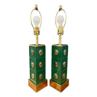 1970s Neoclassical Style Green Column Lamps With Brass Medallions W/Brass Base - a Pair For Sale