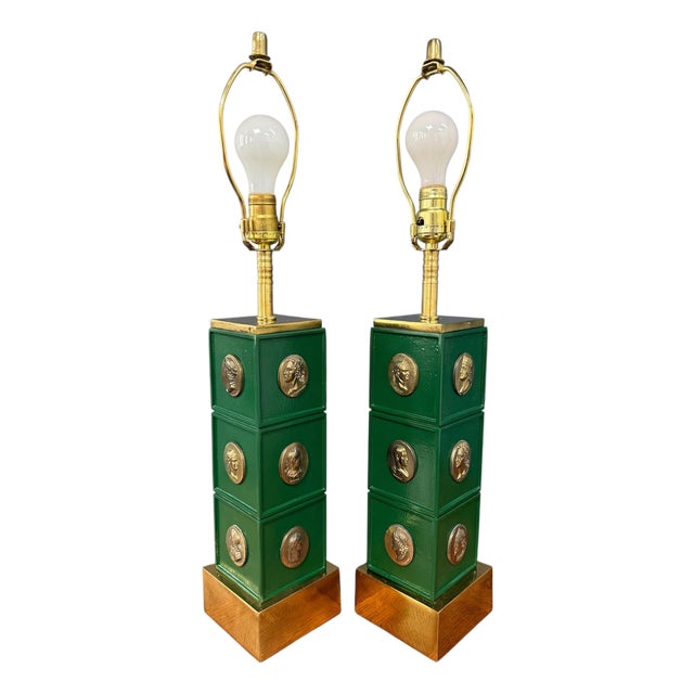 1970s Neoclassical Style Green Column Lamps With Brass Medallions W/Brass Base - a Pair For Sale