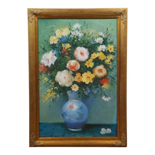Vintage Bouquet of Flowers Blue Vase Still Life Oil Painting on Canvas 40" For Sale