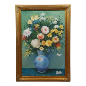 Vintage Bouquet of Flowers Blue Vase Still Life Oil Painting on Canvas 40"
