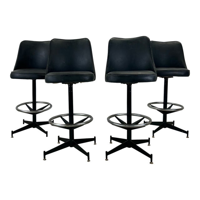 Set of 4 Mid Century Modern Black Vinyl Bar Stools For Sale