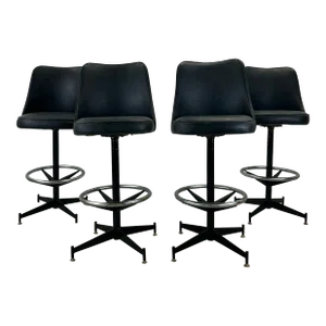 Set of 4 Mid Century Modern Black Vinyl Bar Stools
