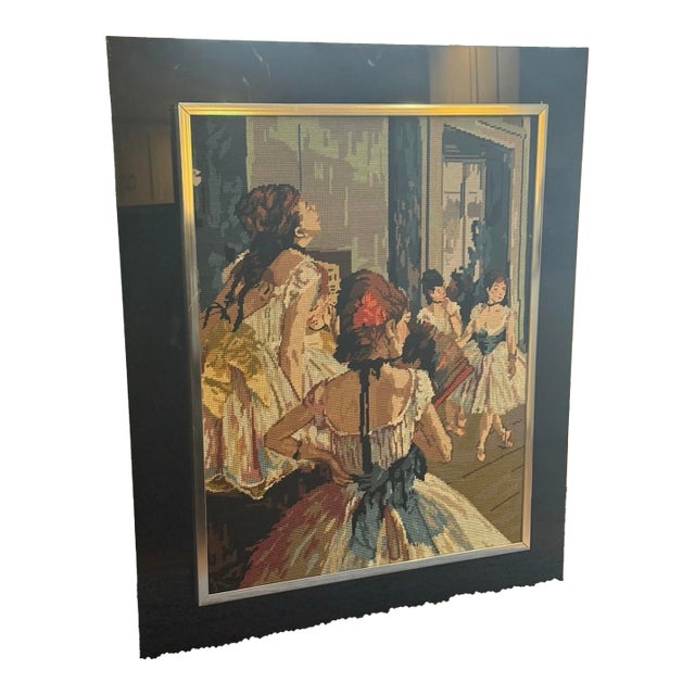 1950s Beautifully Framed Needlepoint Tapestry Edgar Degas “The Ballet Class” 35x29” For Sale