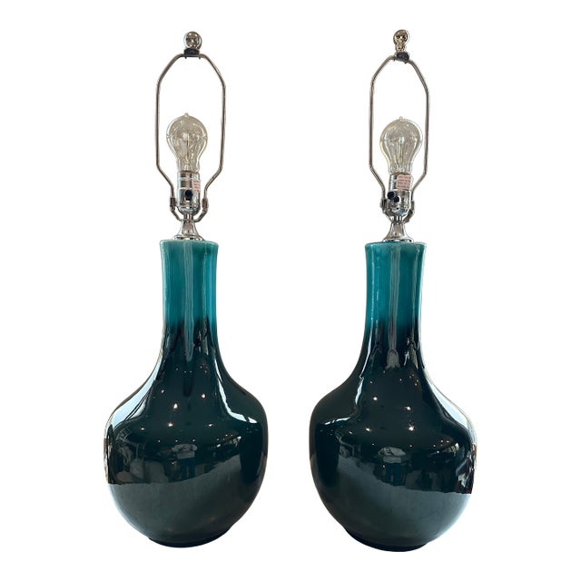 Pair of Oversized Vintage Drip-Glaze Ceramic Table Lamps in Teal and Deep Green, 1970s For Sale