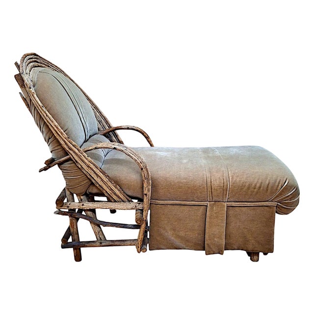 Vintage Adirondack Bent Willow, Velvet Mohair-Upholstered Chaise Lounge For Sale