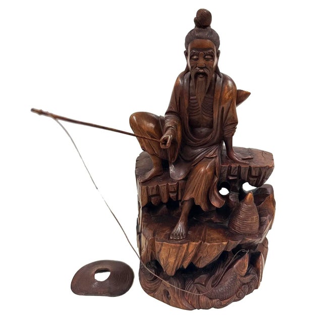 Brown Mid-20th Century Chinese Wooden Carved Jiang Taigong Fishing Statue For Sale - Image 8 of 13