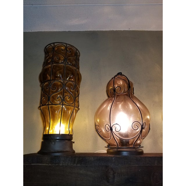 Wood Wrought Iron & Murano Blown Glass Lamps on Board For Sale - Image 7 of 13