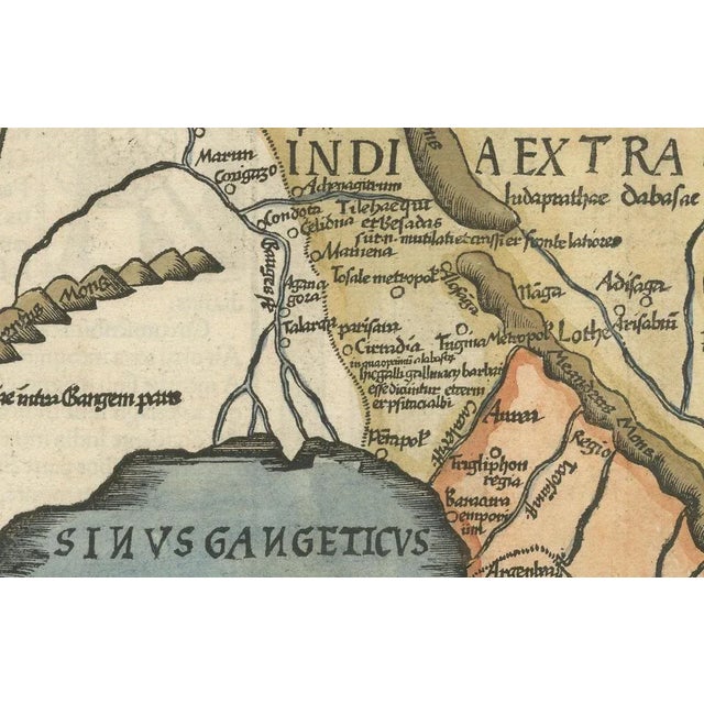 Map of India and Southeast Asia from Ptolemaic Geography – 16th Century Woodcut This remarkable hand-colored woodcut map,...