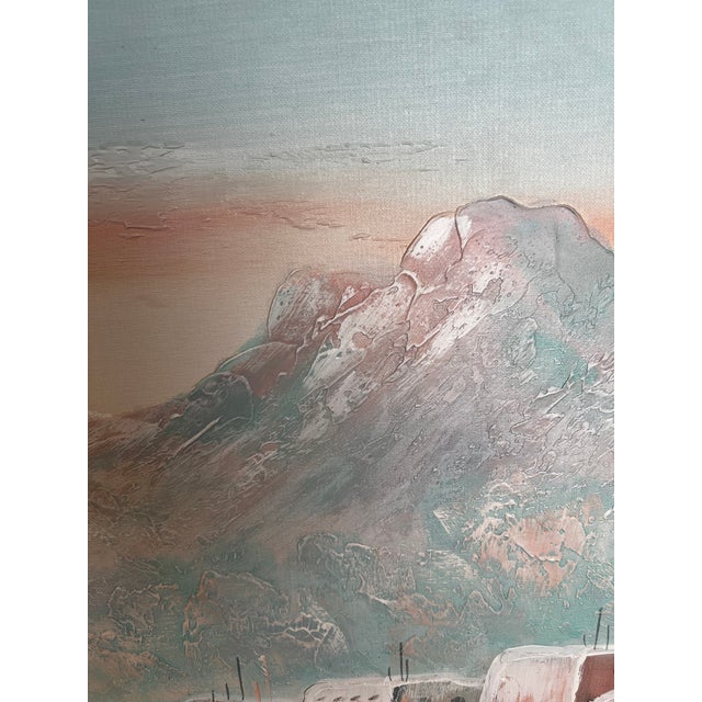 Wood Late 20th Century Large Signed Southwestern Adobe Village Landscape Painting on Canvas For Sale - Image 7 of 11