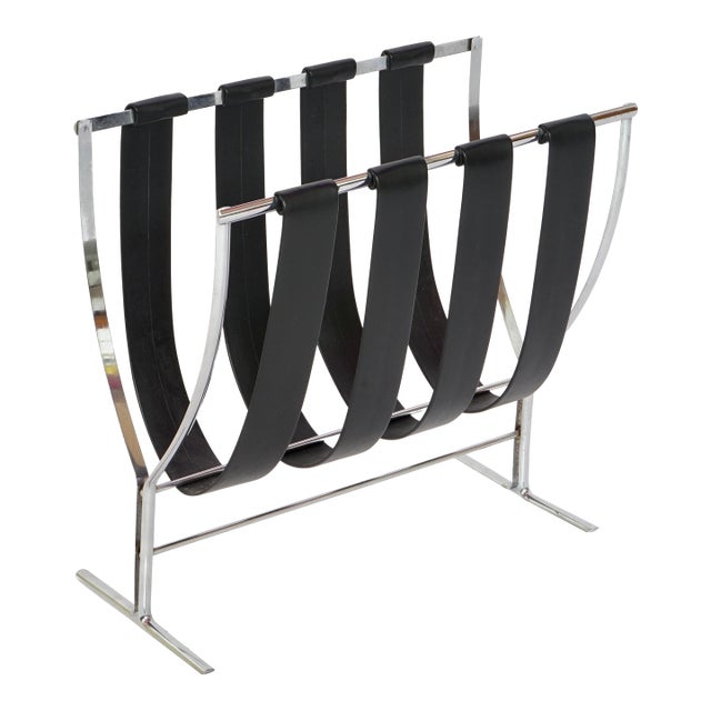 1970s Vintage Chrome Leather Magazine Rack in the Style of Alessandro Albrizzi For Sale