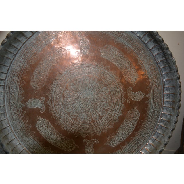 Vintage Middle Eastern Large Ornate Metal / Copper Fluted Edge Chai Tea Tray / Wall Decor For Sale - Image 4 of 14