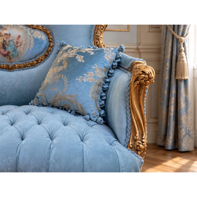 French 1920 French Artisan Louis XVI Gold Beech Velvet Settee For Sale - Image 3 of 11