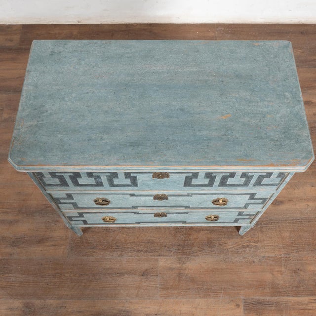 19th Century Swedish Gustavian Blue Chest of Three Drawers With Greek Key Design For Sale - Image 4 of 14