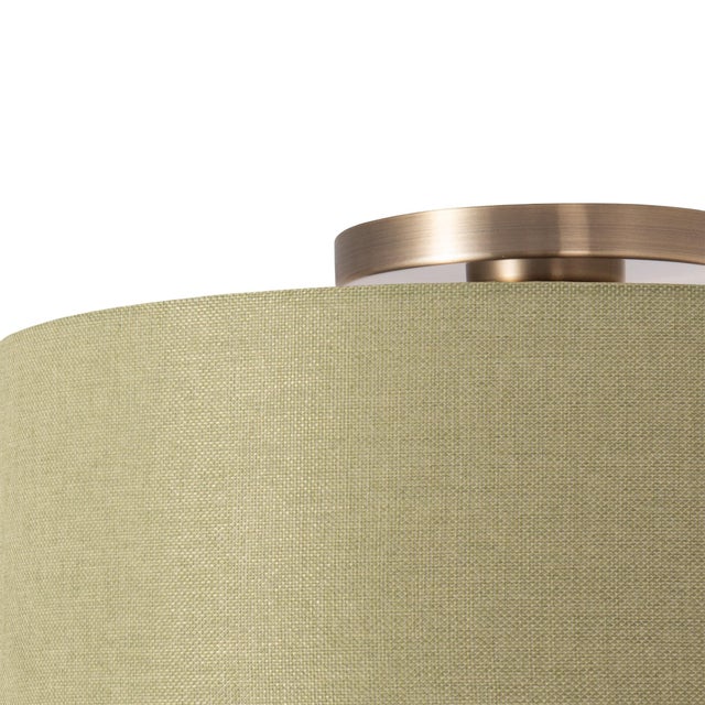 2020s Stretch Flush Mount Ceiling Light 18" D - Mid Century, Linen Drum Shade, Brass Canopy, Dimmable, Bulb Included For Sale - Image 5 of 6