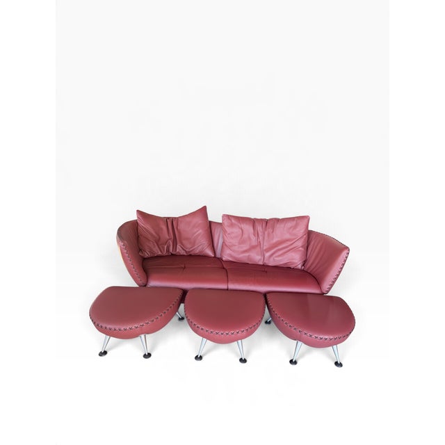 Postmodern Vintage DS-102 Red Leather Sofa with Ottomans from de Sede, 1990s, Set of 4 For Sale - Image 3 of 9