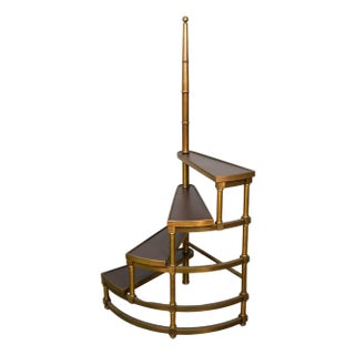 English Brass and Leather Library Steps For Sale