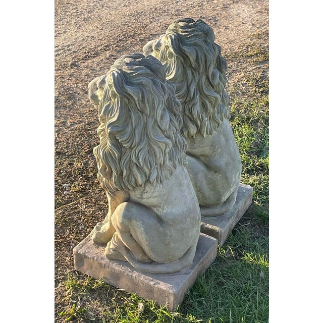 1970s Pair of Majestic Vintage Concrete Lions on Bases For Sale - Image 5 of 15
