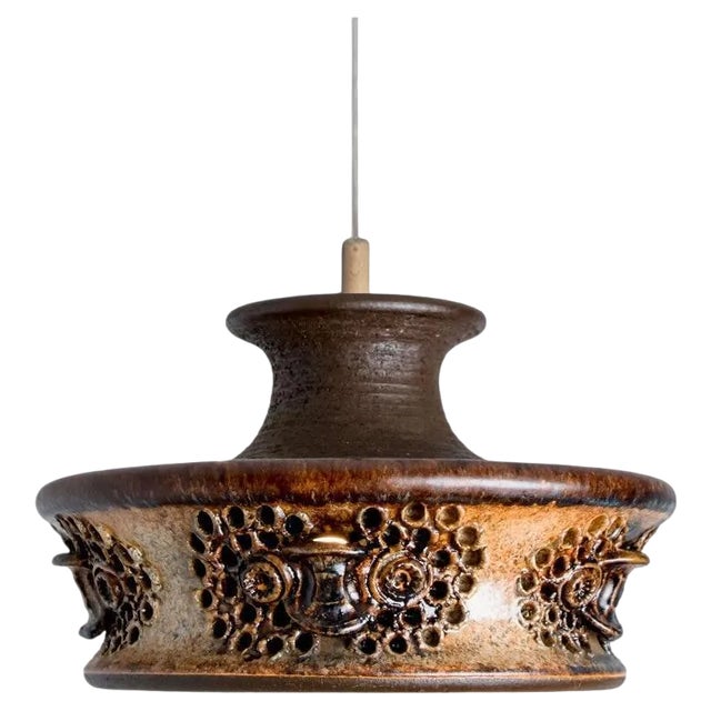 Flat Brown Beige Ceramic Pendant Light, Denmark, 1970s For Sale