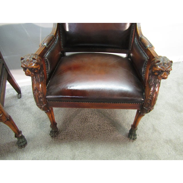 Theodore Alexander Pair of Mahogany Carved Leather Seat Chairs For Sale - Image 6 of 11