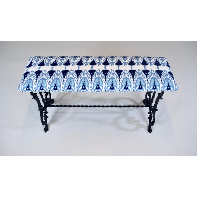 Antique Cast Iron Window Bench, Victorian, Ikat Upholstery, Usa For Sale - Image 4 of 11