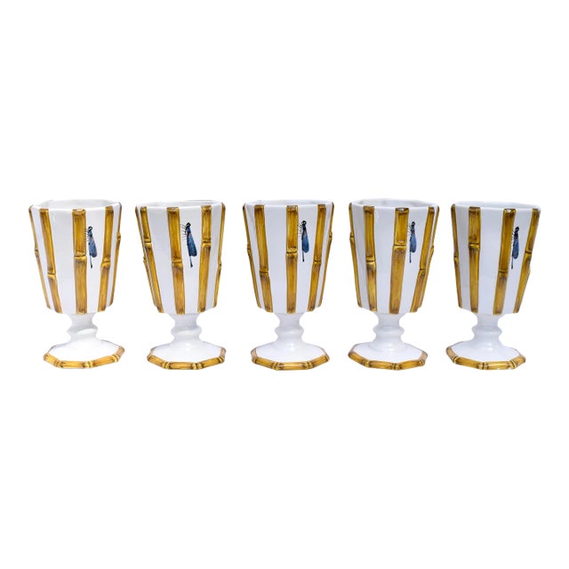 1970s Majolica Bamboo With Dragonflies Beverage Goblets S/11 For Sale