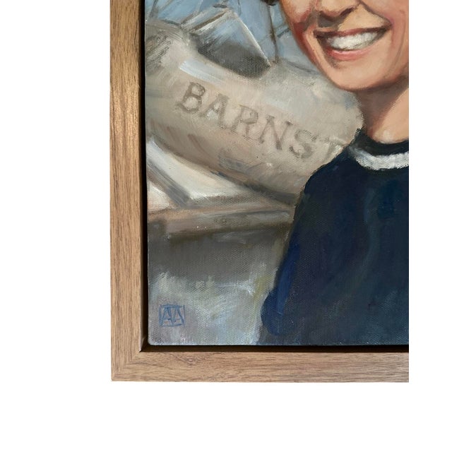 A charming, vintage portrait painting. Features a portrait of a smiling woman in the foreground of a coastal Cape Cod...