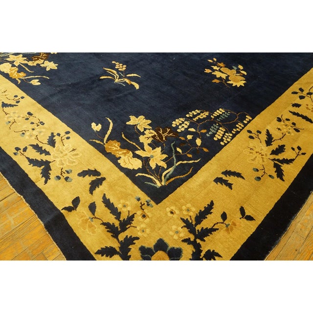 Navy Blue 1920s Navy Blue Minimalist Floral Antique Chinese Peking Wool Rug 9' 2" X 14' 1" For Sale - Image 8 of 9
