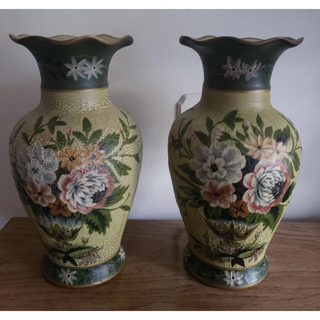 Here is a pair of Vintage hand krackled Hand painted Floral green and light green , with the body finely painted with...
