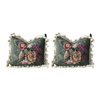 Vintage Floral Needlepoint & Velvet Tassel Fringe Feather Fill Pillows- a Pair For Sale